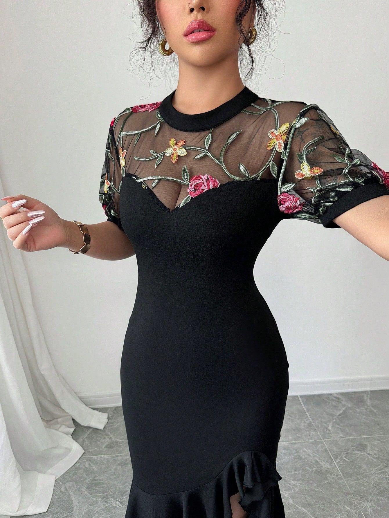 Women's Mesh Jacquard Asymmetrical Slim-Waist Party Dress 5