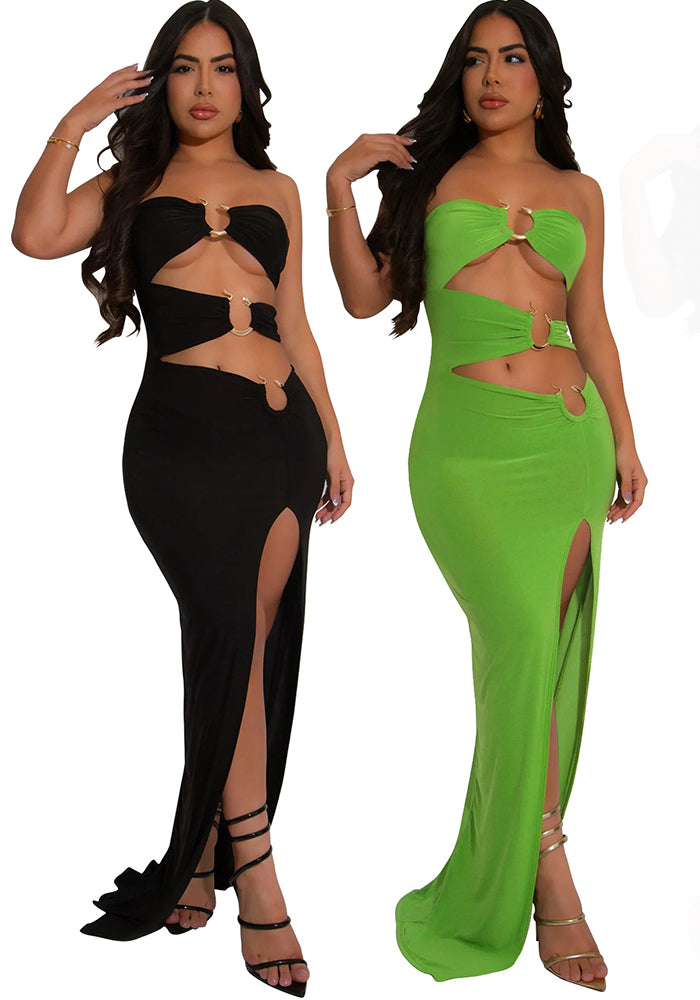 Fashion Women's Metal Decoration Solid Color Low Back Sexy Strapless Slit Long Dress