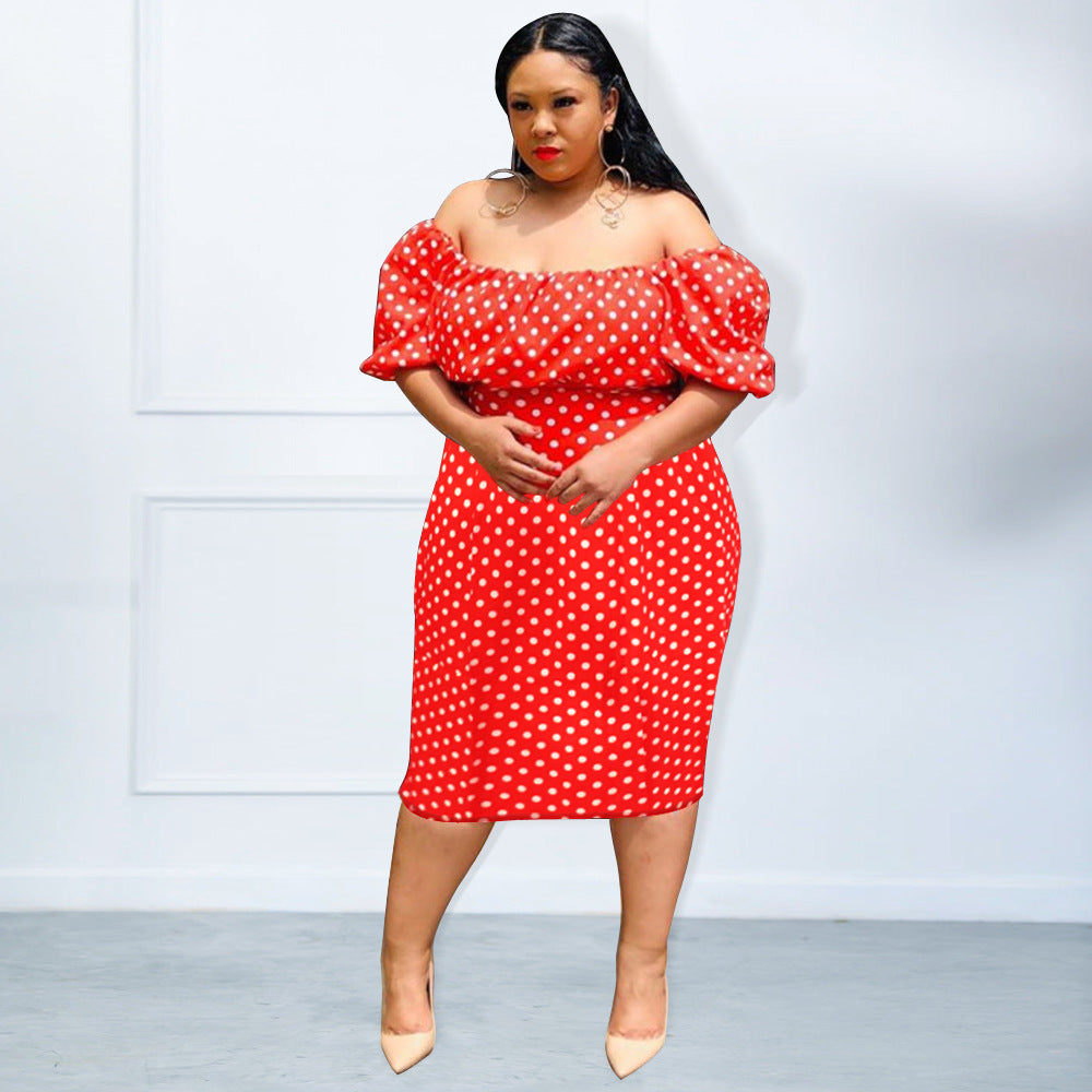 Summer Red Polka Dot Print Puff Sleeve Plus Size Off Shoulder Chic High Dress 3