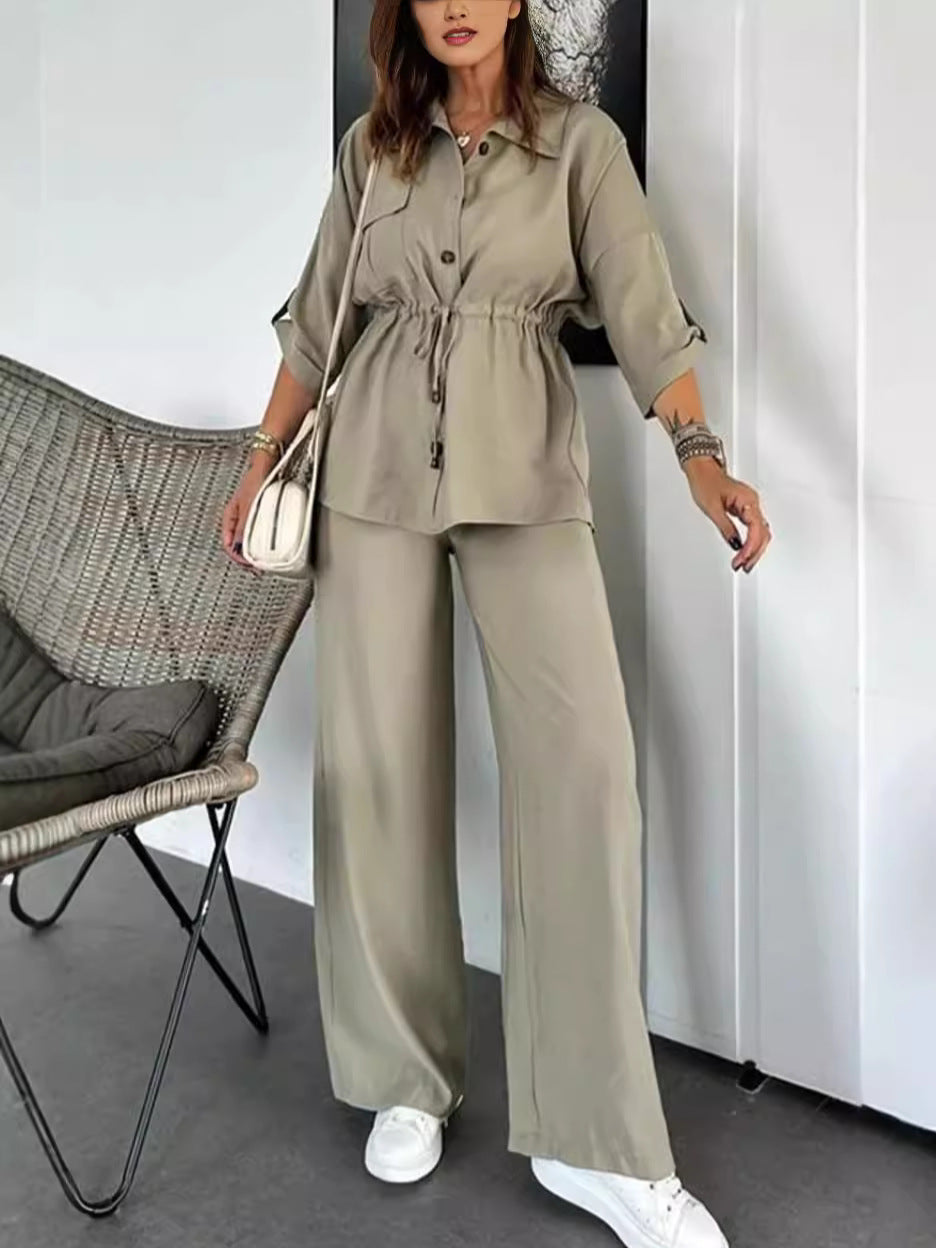 Women Autumn Casual Solid Drawstring Patch Pocket Button Top and Pant Two Piece Set 5