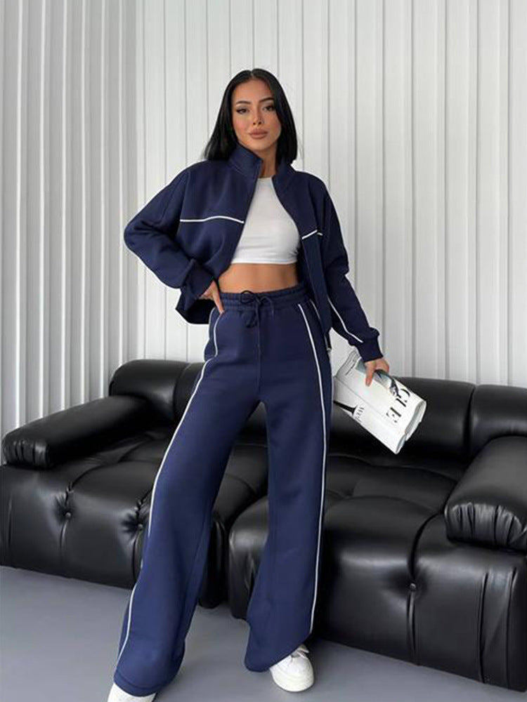 Casual Tracksuit Long Sleeve Turtleneck Zipper Long Sleeve Sports Top Striped Trousers 17