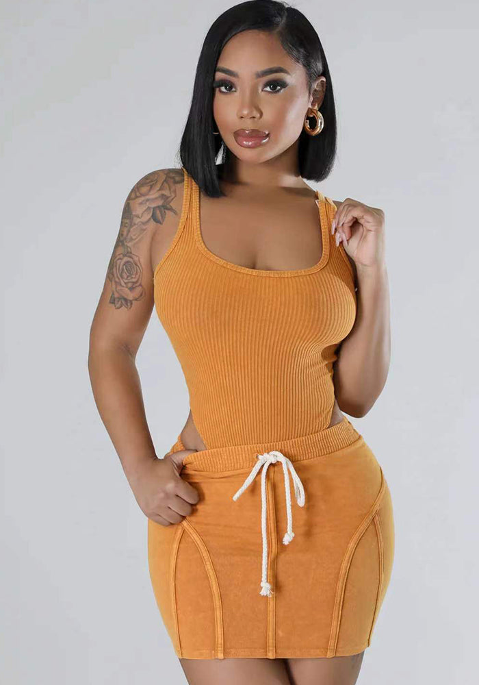 Women's Ribbed Washed Fashion Casual sleeveless bodysut and skirt set