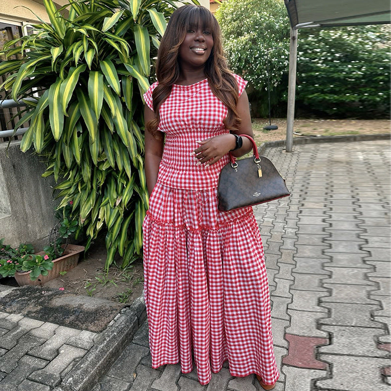 Women Summer Plaid Top and Skirt Two-Piece Set