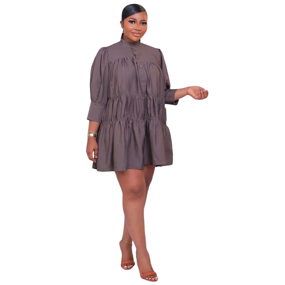 High Collar Solid Color Simple Loose Casual Women's Dress 9