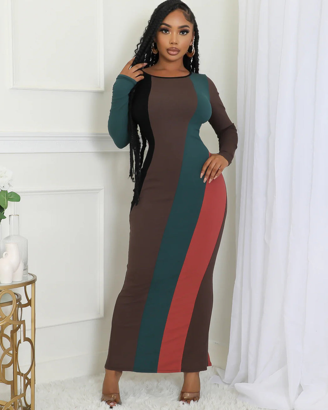 Women's Fashion Multi-Color Patchwork Long-Sleeved Ribbed Casual Dress 3