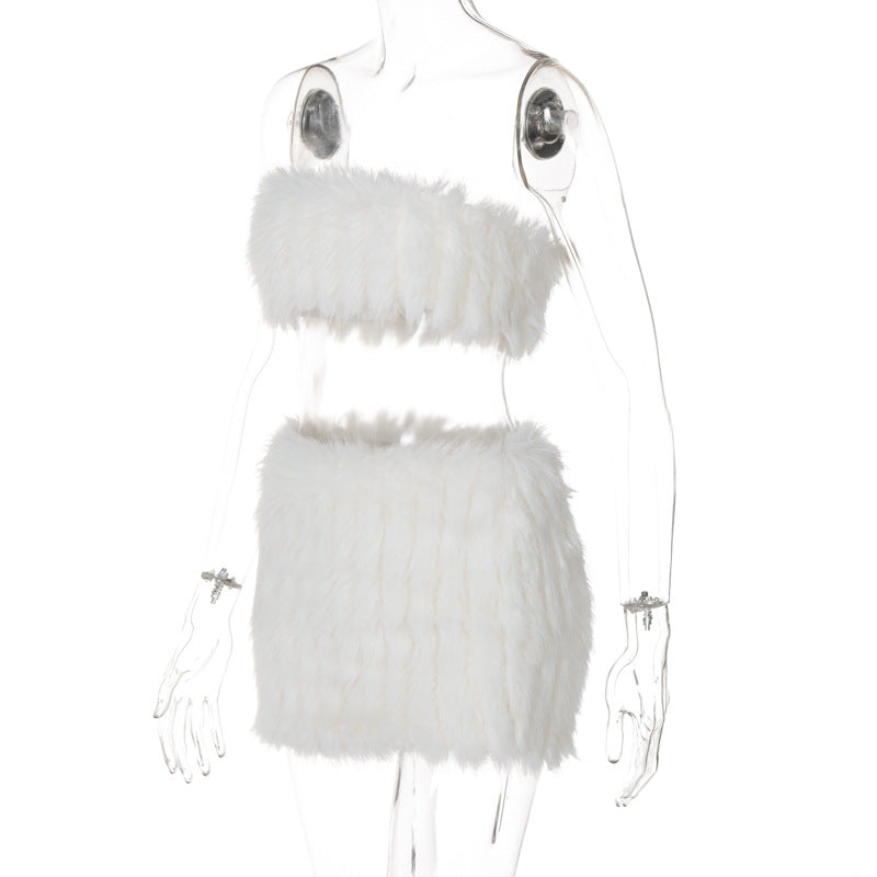 Women sexy furry chest wrap Top and Skirt two-piece set 7