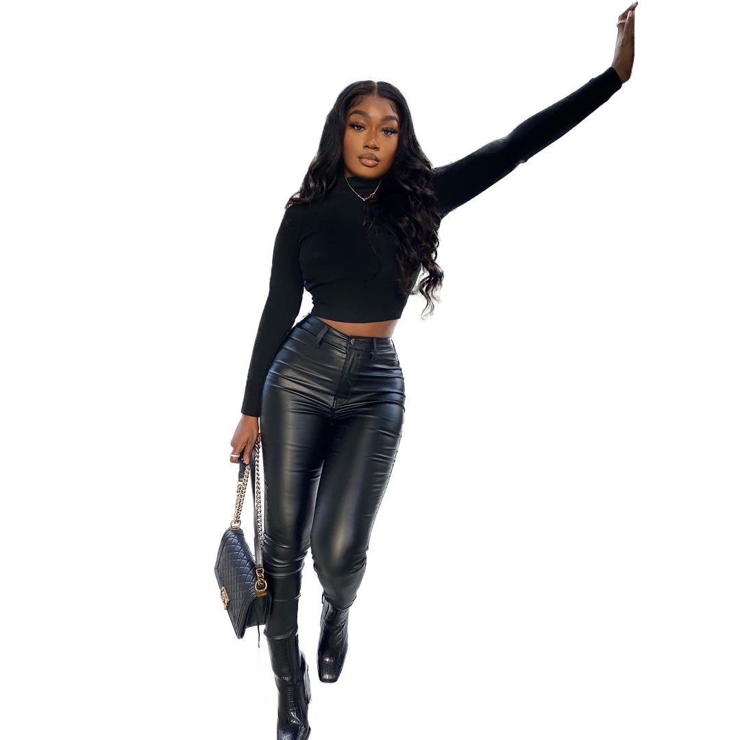 Elastic Leg Pu Leather Pants 8