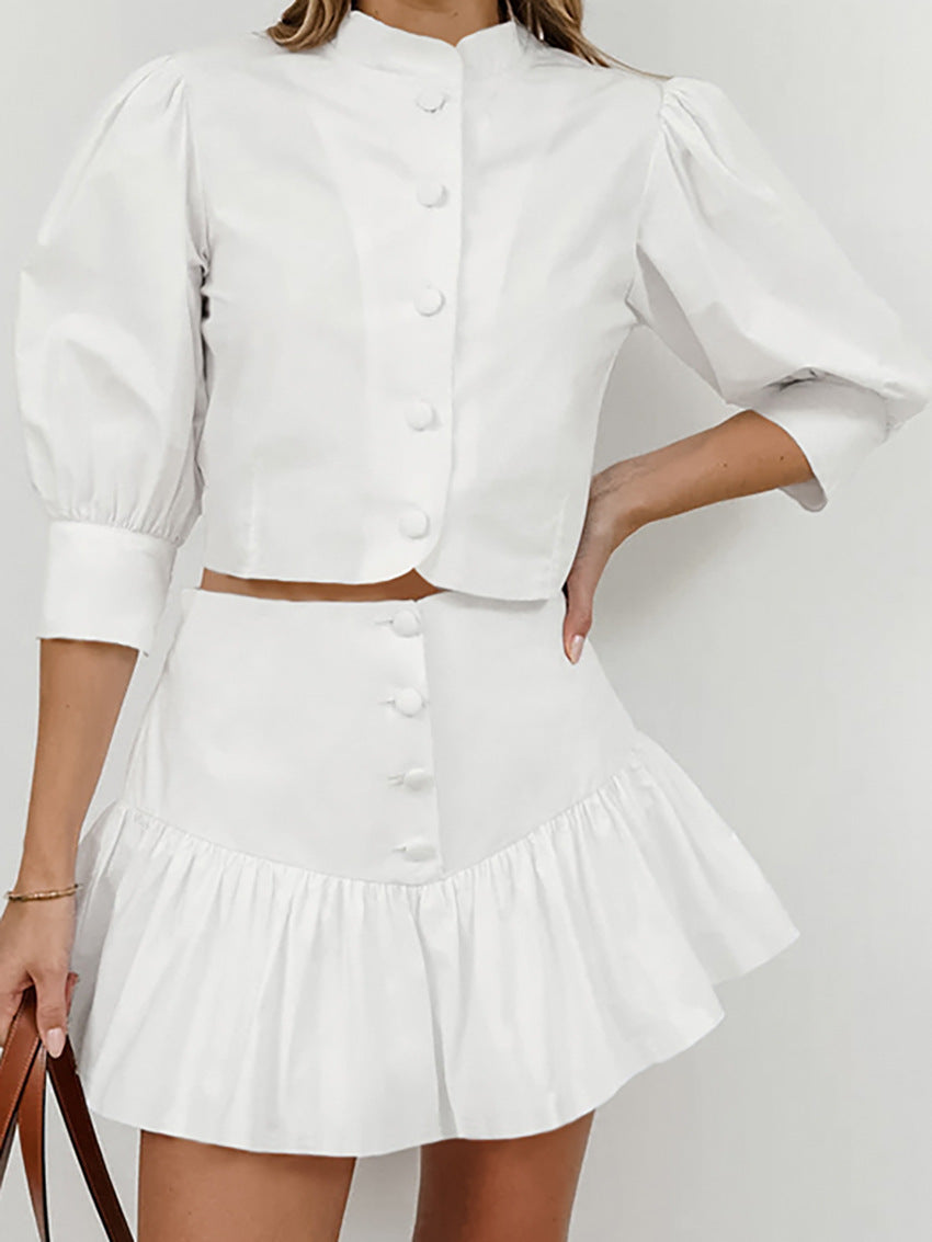Summer White Lantern Sleeve Shirt & Skirt Two-Piece Casual Office Set 4
