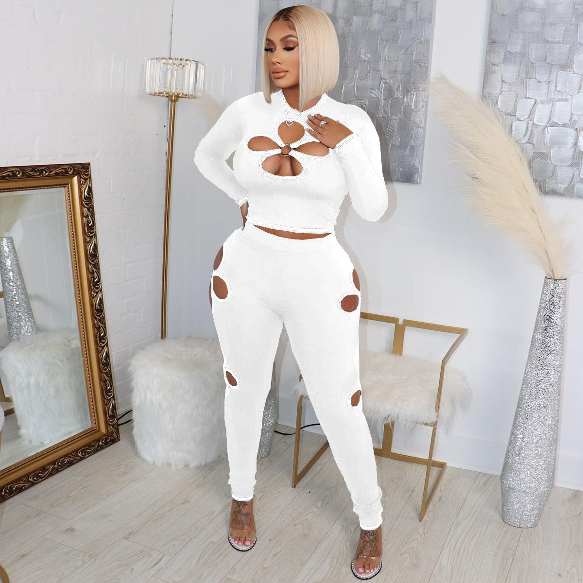 Stretch Ribbed Quatrefoil Cutout Sexy Two-Piece Set