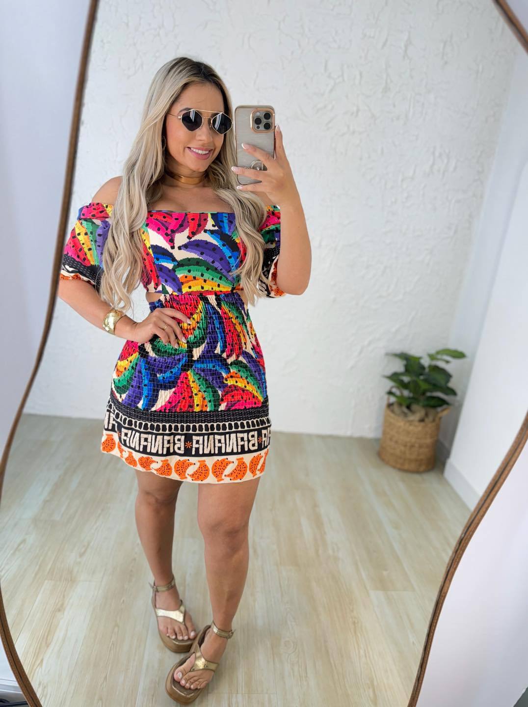 Women Printed Backless Balloon Sleeve Off Shoulder Two-Wear Dress 6