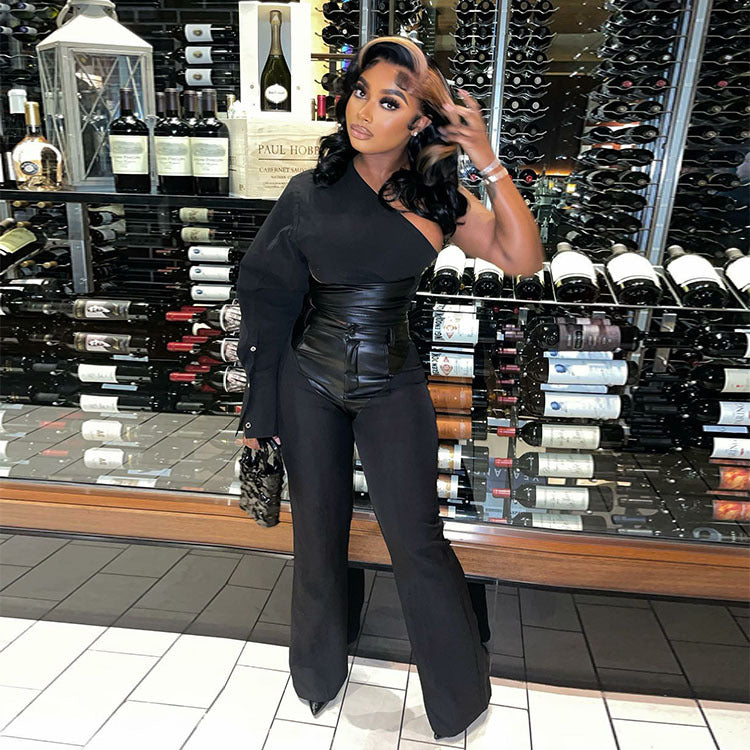 Street Fashion Leather Patchwork Women'S Spring Summer Slash Shoulder Slim Fit Long Sleeve Shirt And Pants Two Piece Set 3