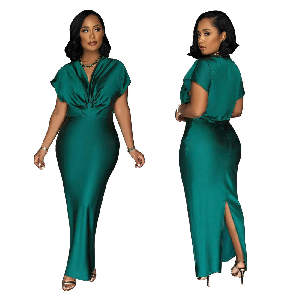 Fashionable Women's V-Neck Short-Sleeved Chic Slim-Fitting Back Slit Dress 5