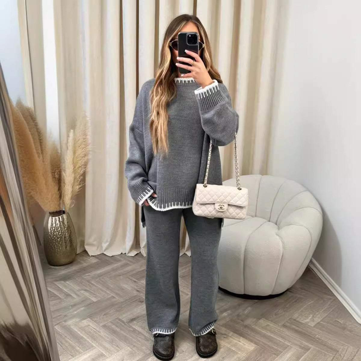 Autumn Winter Fashion Solid Color Sweater Pants Casual Loose Two-Piece Set 9
