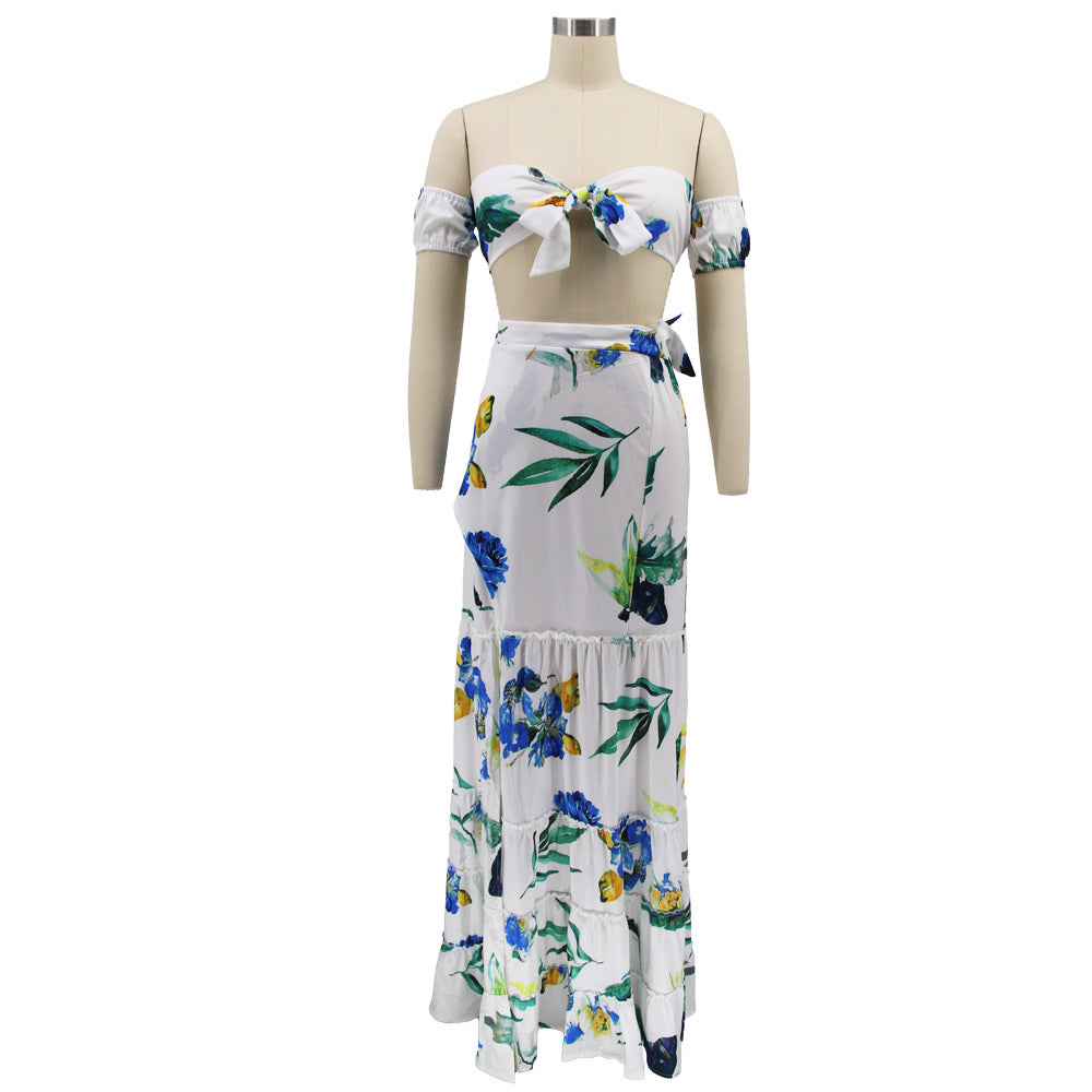 Women summer printed short-sleeved crop Top and slit Skirt sexy two-piece set 16