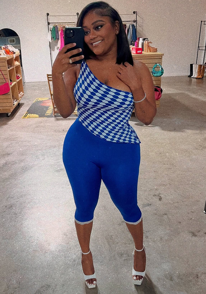 Women's Blue White Checkerboard One-Shoulder Top Tight Fitting Shorts Two-Piece Set