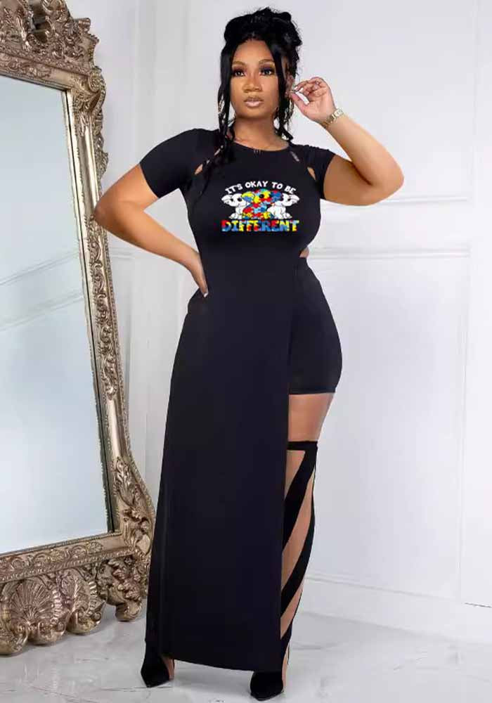 Women Short Sleeve Printed Top and Slit Skirt Two-piece Set