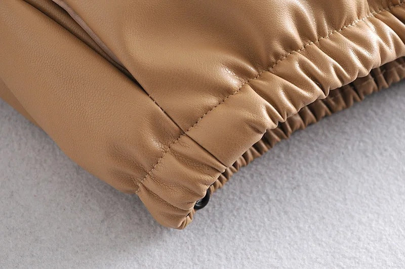 Leather Casual solid color leather cotton-padded Stand Collar jacket 48