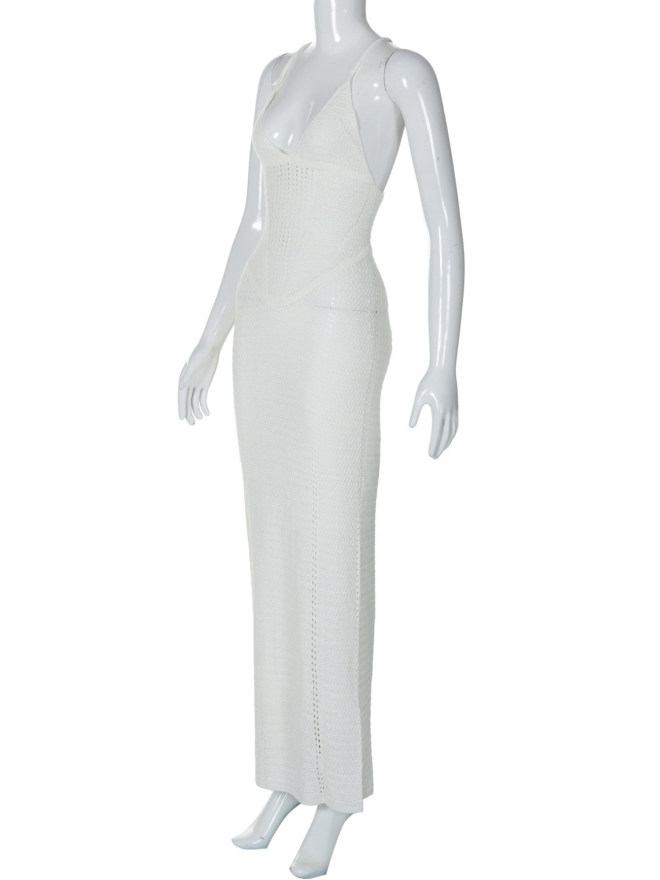 Women Spring and Summer Sexy Backless Hollow Lace Knitting Suspender Bodycon Dress 16