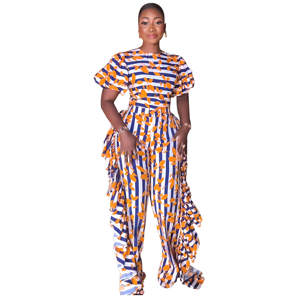 Chic Puff Sleeve Elegant Ruffled High Waist Overalls Straight Leg Trousers Women's Jumpsuit 4