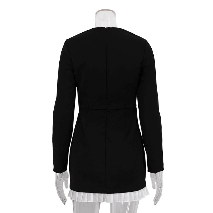 Elegant Contrast Color Patchwork Black Long Sleeve Square Collar High Waist Dress 5