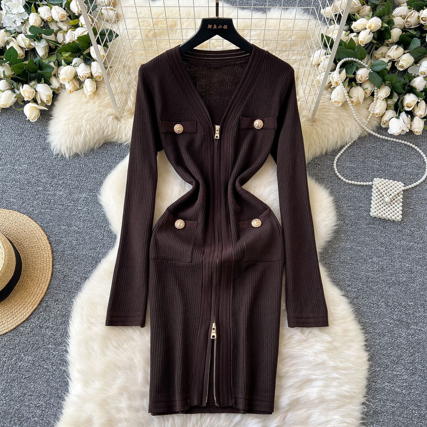 Sexy V-Neck Zipper Long Sleeve Dress Autumn Metal Button Slim Waist Knitting Sweater Dress 9