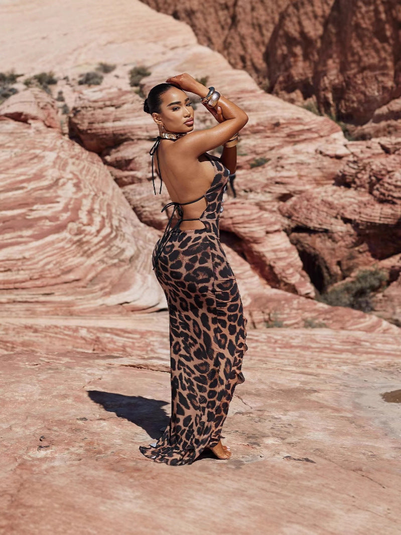 Women's Spring/Summer Sexy Leopard Print Halter Neck Low-Back Split Dress