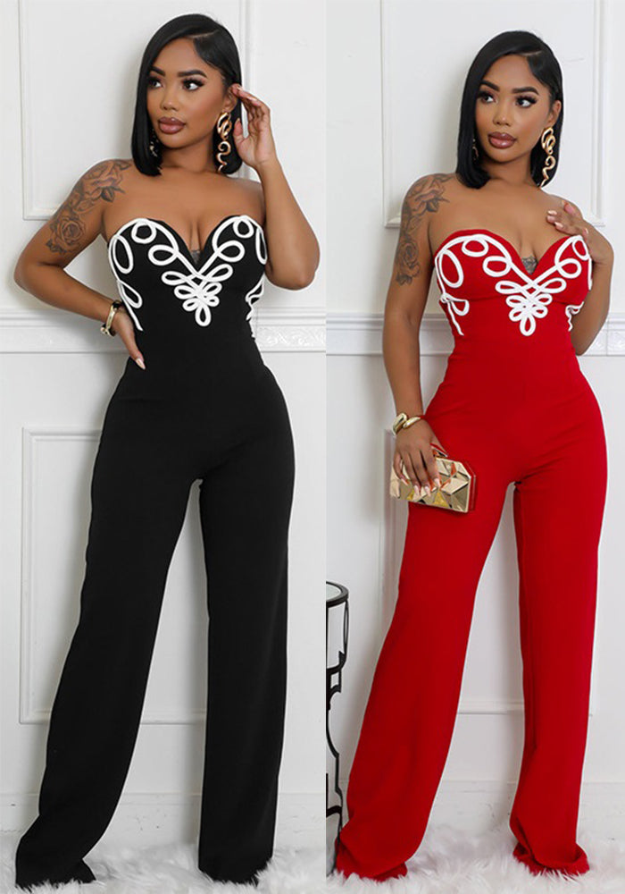 Women Spring/Summer Strapless V-Neck Print Zipper Bell Bottom Jumpsuit