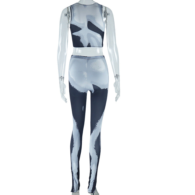 Women Zipper Print Top and Long Pants Two-piece Set 6