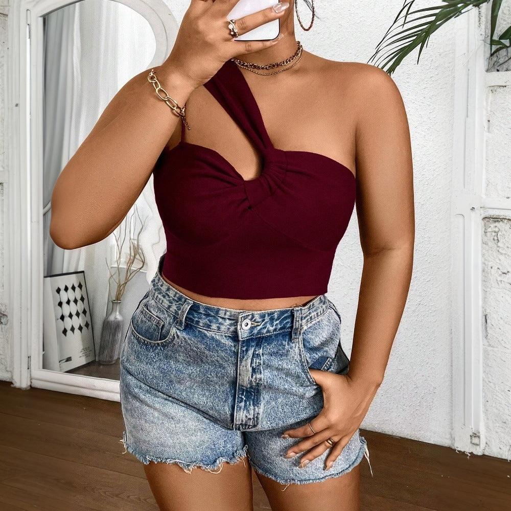 Spring Summer Plus Size Women's Sexy Single Strap Burgundy Slim Short Top 7
