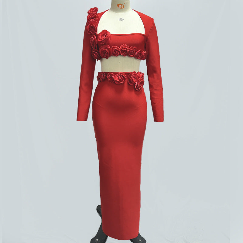 Solid Color Long Sleeve Flower Bandage Top Long Skirt Two-Piece Set 6