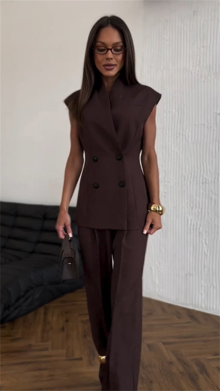 Women's Summer Chic Double-Breasted Slim-Waist Vest Top & High-Waist Pants Two Piece Set 4