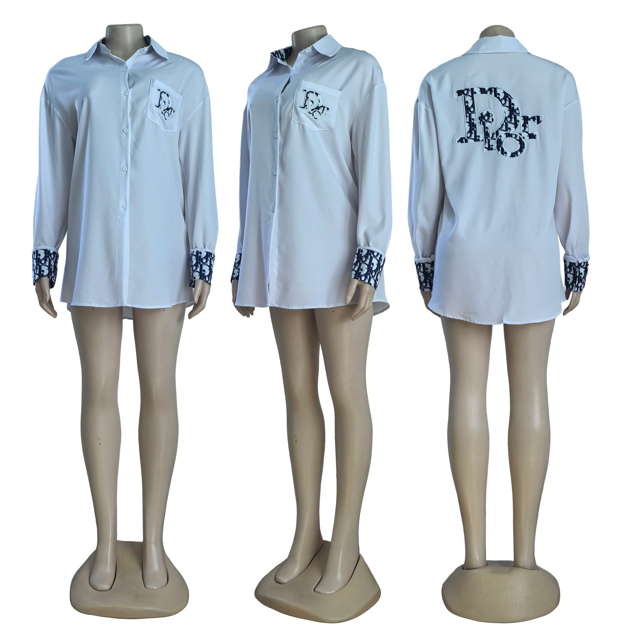 Women long-sleeved solid embroidered letter shirt (with pockets) 4