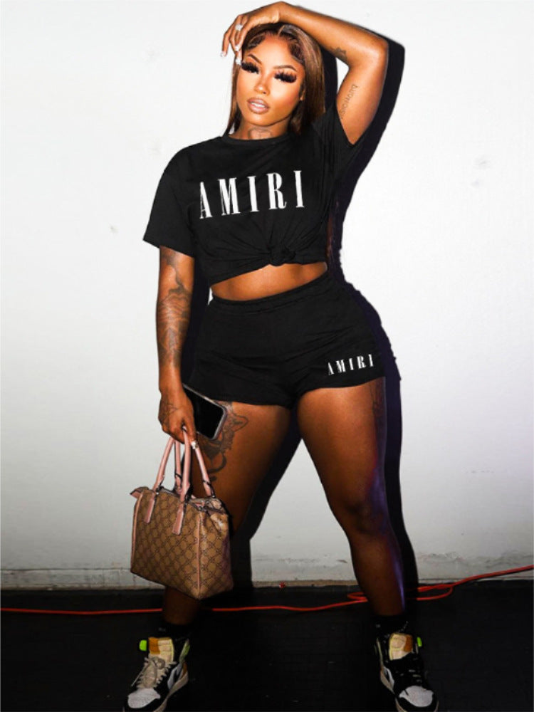 Women's Printed Round Neck Short Sleeve Shorts Two-Piece Set 9