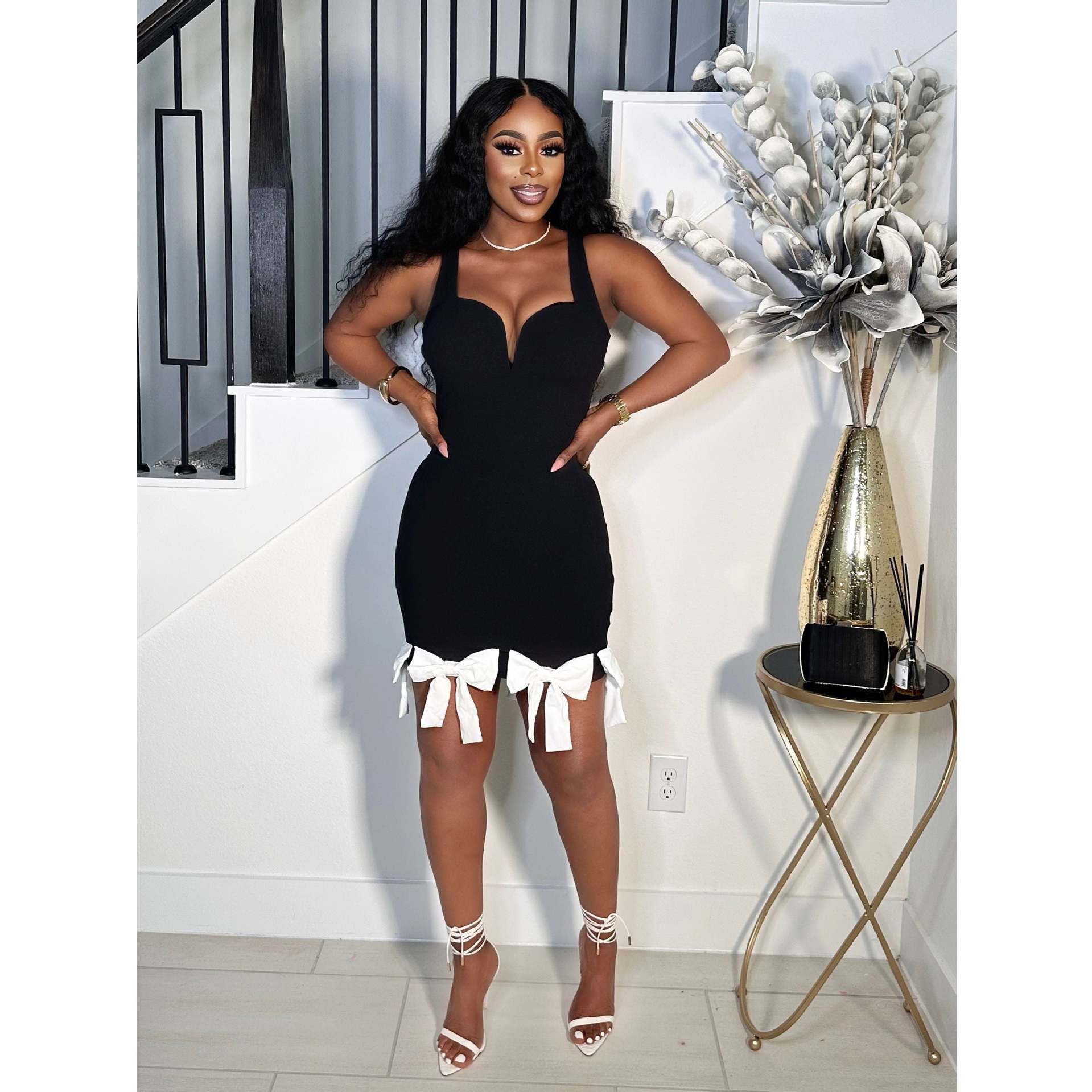 Women Metal V-Neck Sexy Suspender Bow Tassel Bodycon Dress 3