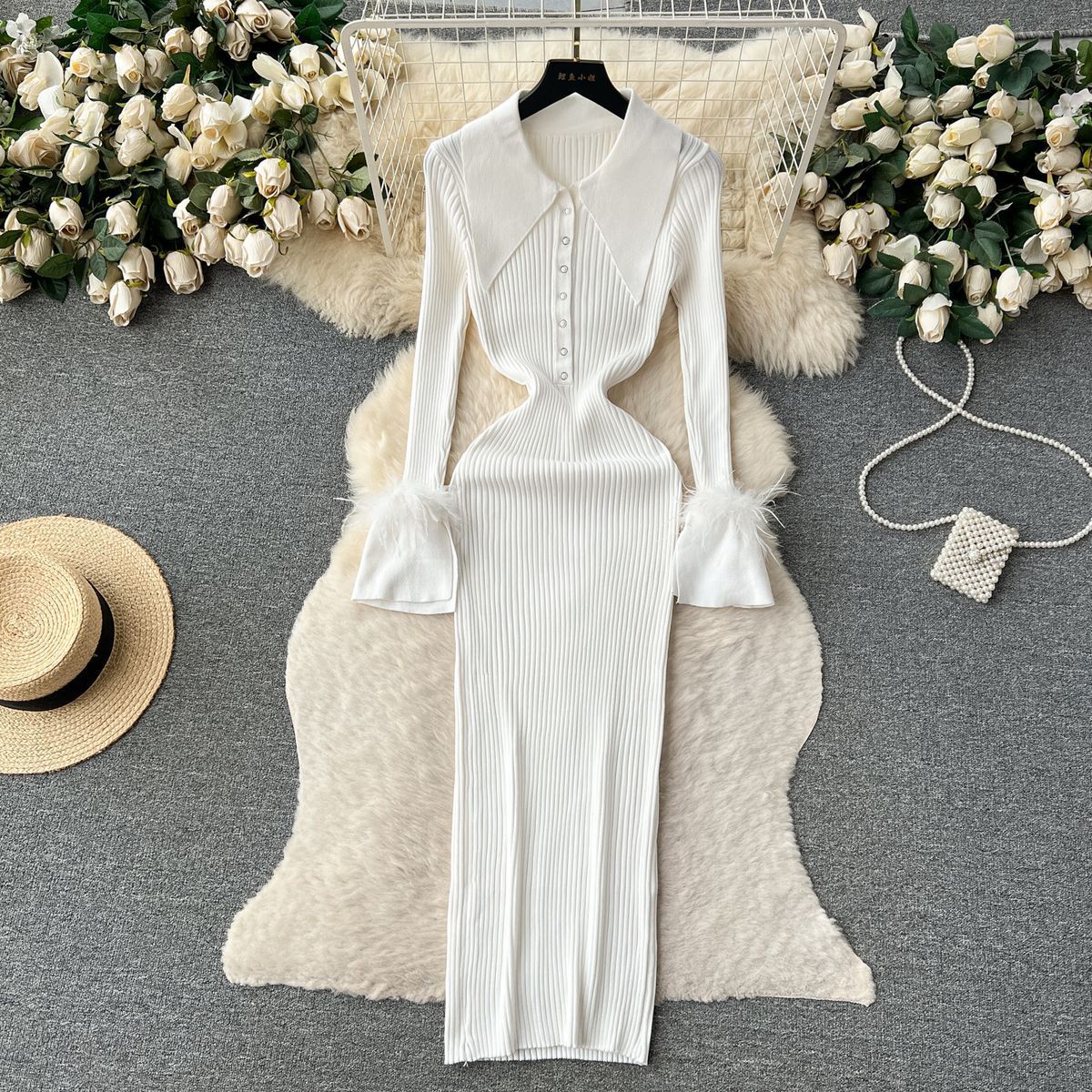 Luxury Knitting Dress Autumn And Winter Turndown Collar Feather Tight Fitting Dress 13