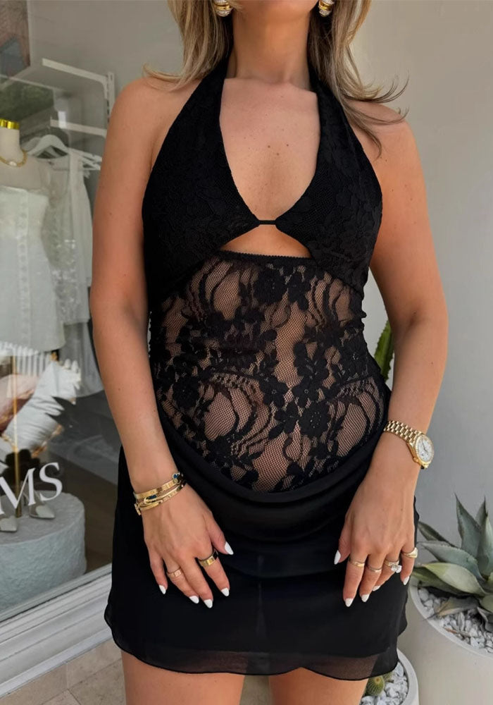 Women sexy See-Through hollow lace Patchwork Bodycon Dress