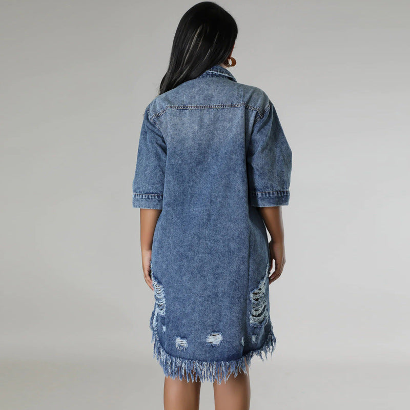 Plus-Size Women's Denim Ripped Tassel Short-Sleeve Turn-Down Collar Dress 4