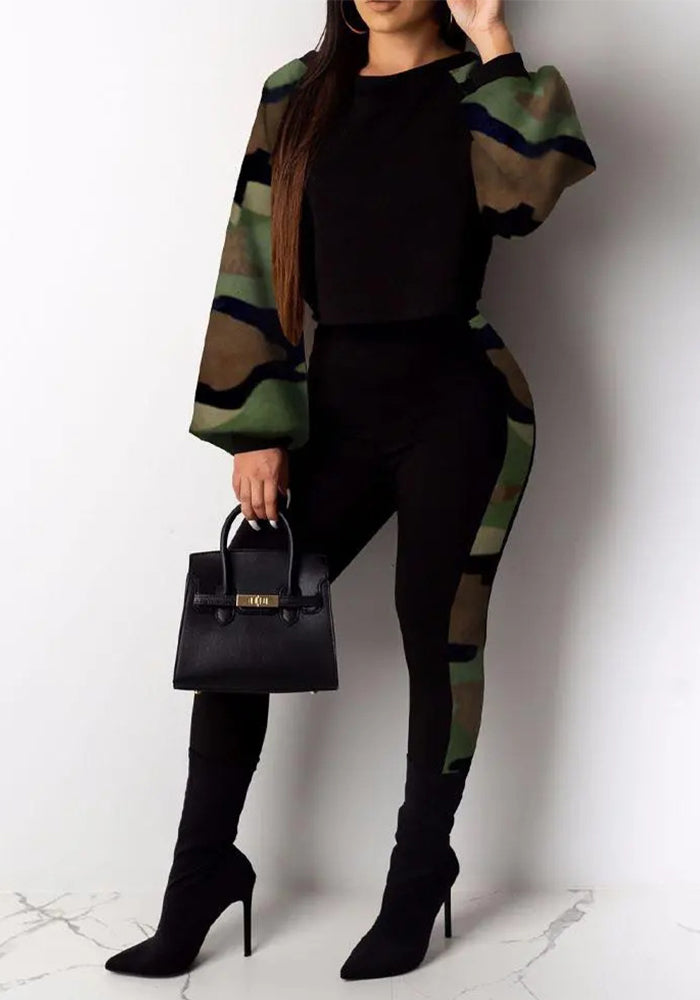 Women Long Sleeve Round Neck Print Off Shoulder Top and Pant Casual Two Piece Set