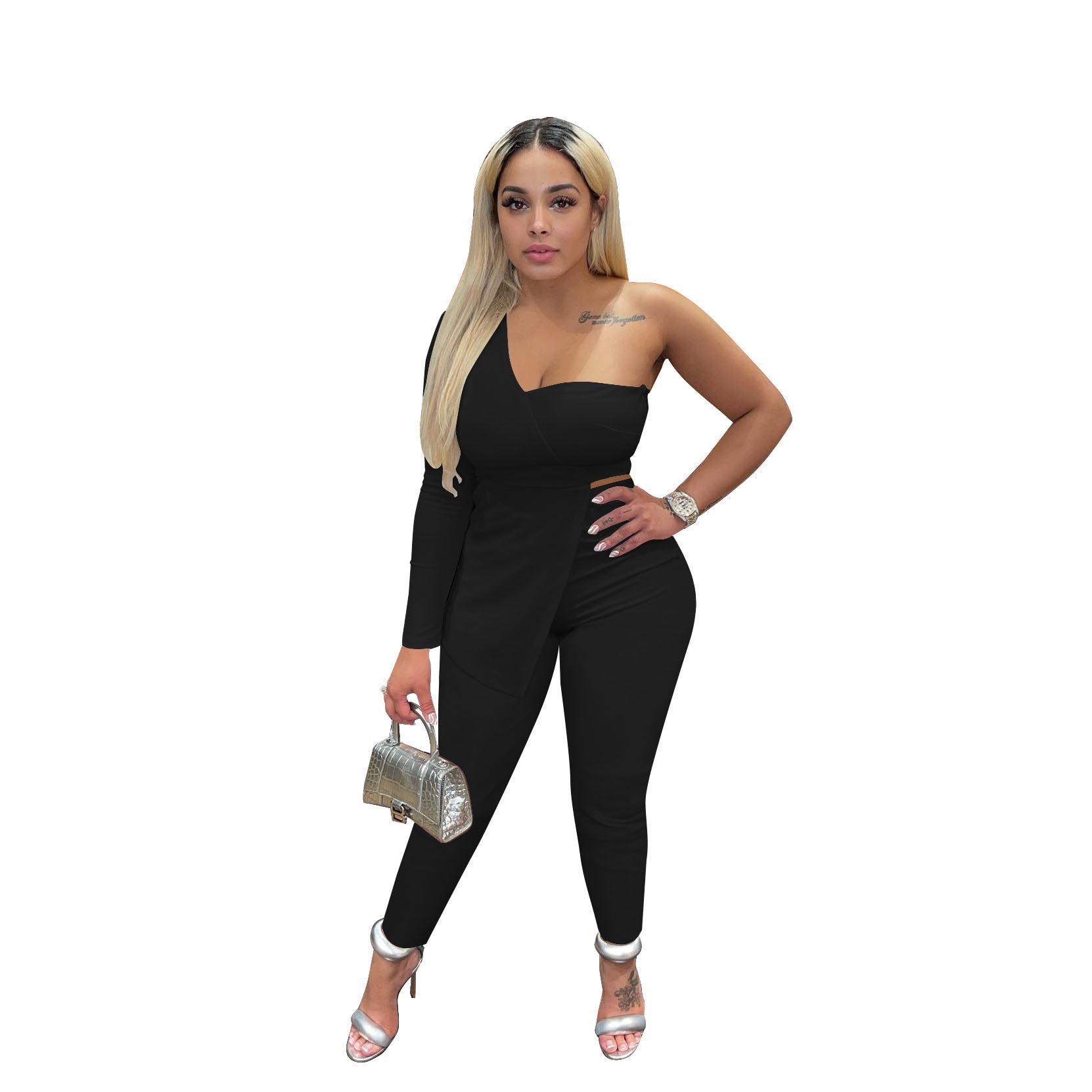 Women'S Fashion Sexy Slash Shoulder One Sleeve Simple Design Two Piece Pants Set 12