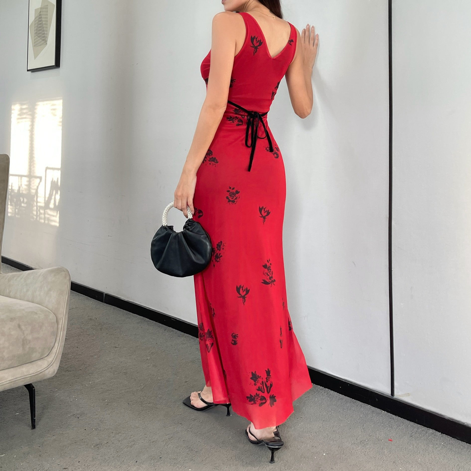 Women Sexy V Neck Printed Strap Dress 5