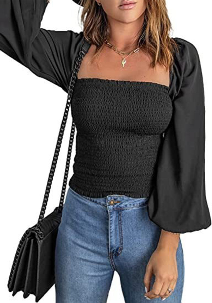 Women Solid Square Neck Long Sleeve Lantern Sleeve Pleated Top