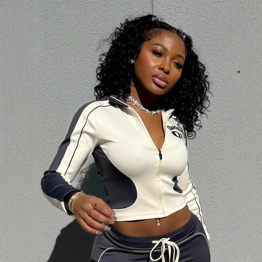 Women Stand Collar Patchwork Top and Long Pants Two-Piece Set 6