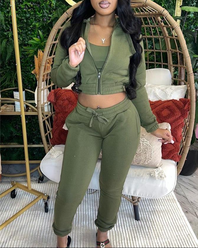 Women zipper Crop Top and Pant two-piece set 12