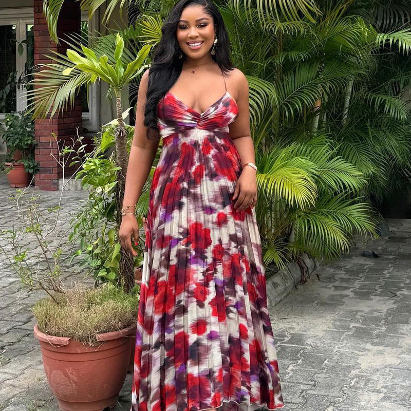 African print pleated strap long sexy dress for women 3