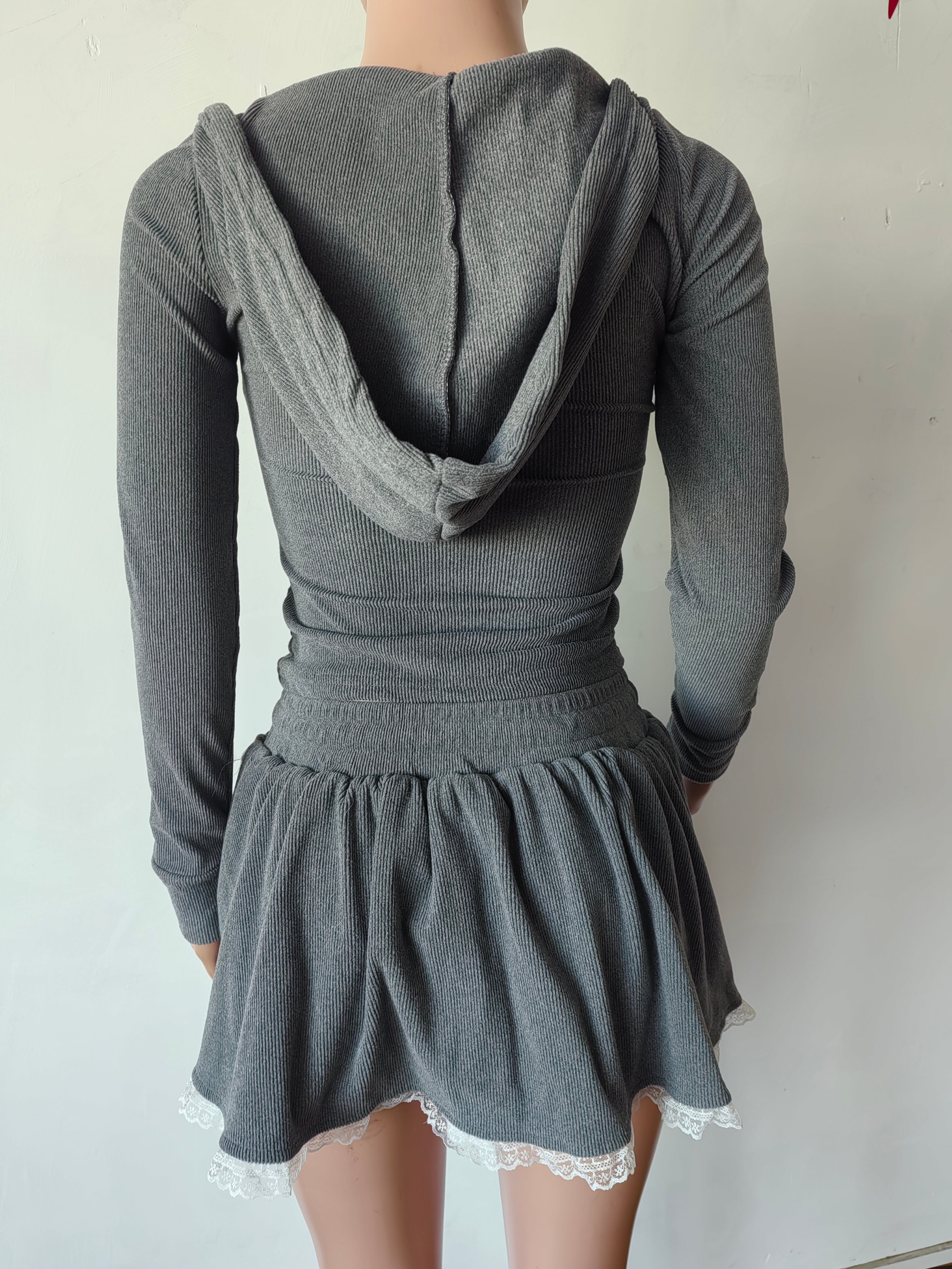 Hood Patchwork Gray Short T-Shirt A-Line Skirt Women's Autumn Two Piece Set 5