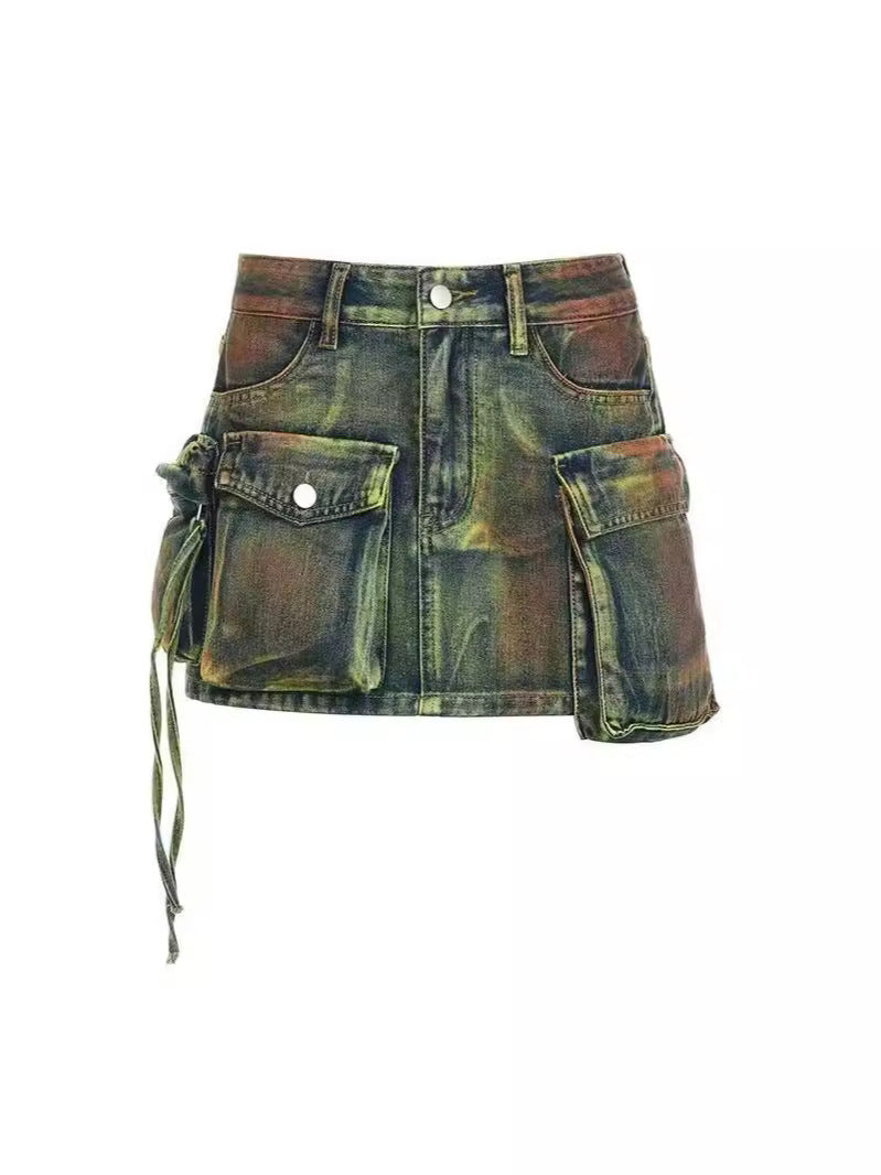 Women Denim Suspender Strapless Top and Multi-Pocket Multi-Color Skirt Two-Piece Set 5