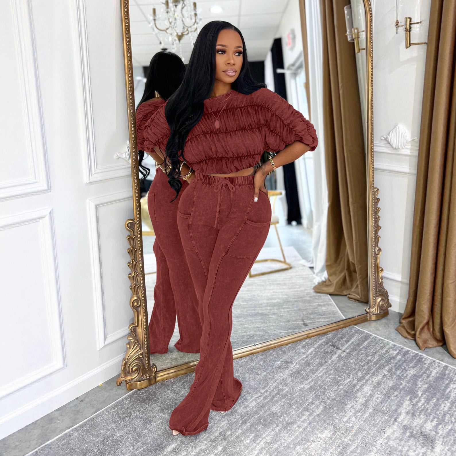 Women's Sexy Crop Top Slim-Fitting Flared Pants Two-Piece Set