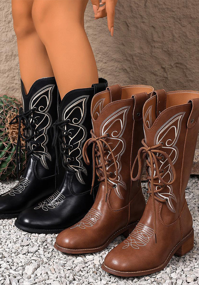 Women Embroidered Mid-Calf Western Denim Boots with British Style