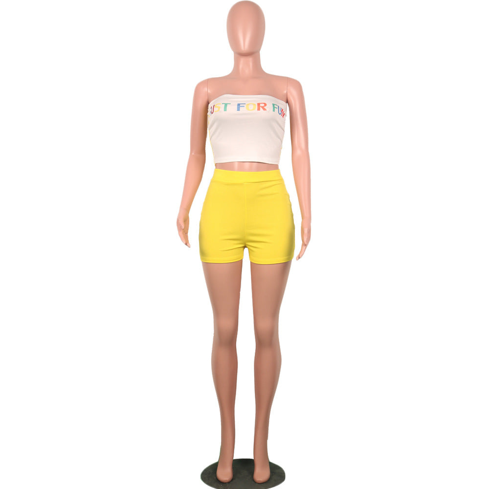 letter printed casual strapless patchwork sporty summer two-piece 13