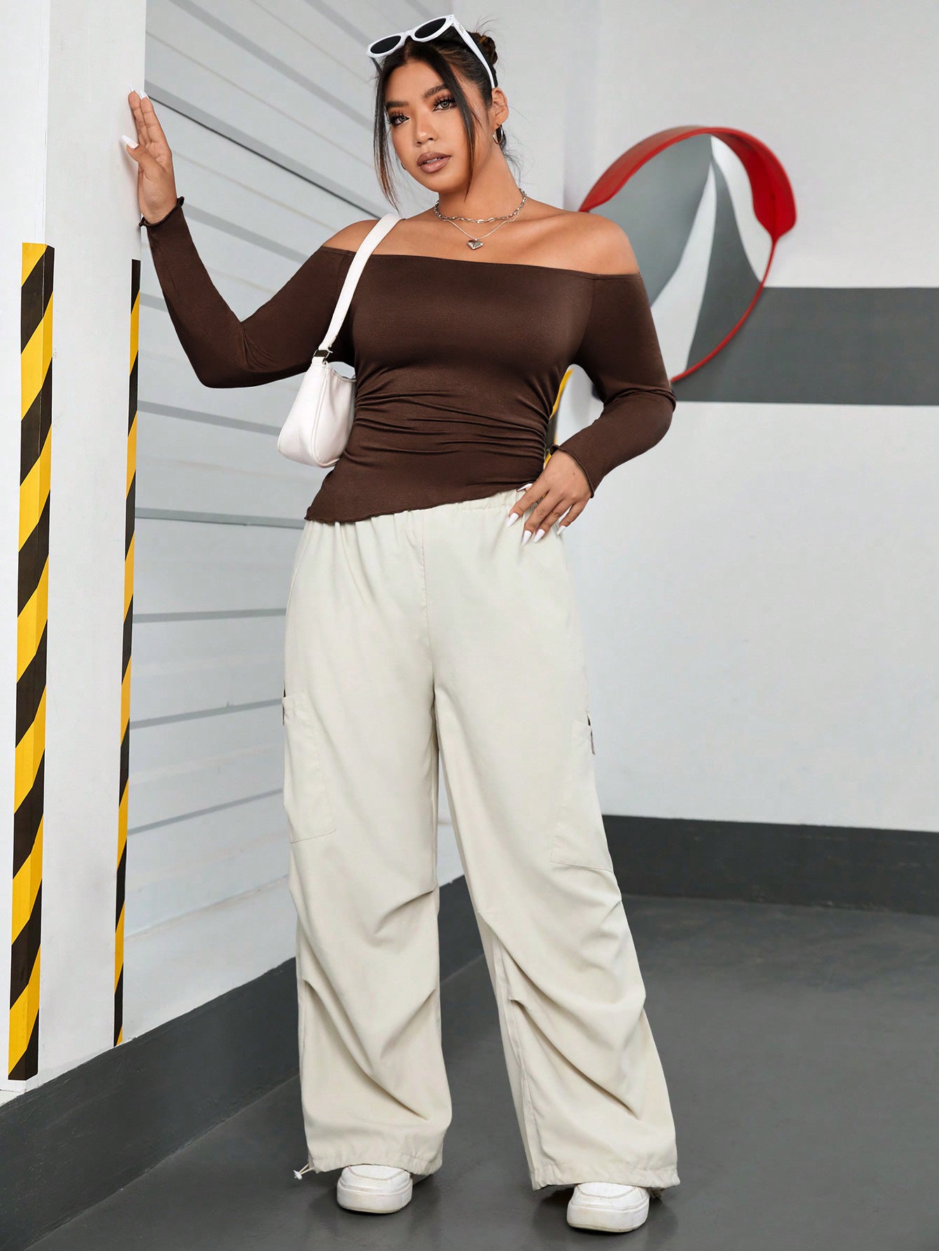 Plus Size Women's Autumn And Winter Brown Off Shoulder Long Sleeve T-Shirt Sexy Solid Color Top 4